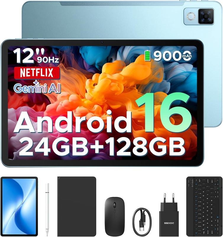 Tablet DOOGEE U12 VIP con Android 16, pantalla de 12 pulgadas, 24 GB de RAM + 128 GB de almacenamiento ampliable hasta 2 TB, Gemini AI, teclado y l??piz incluidos, bater??a de 9000 mAh con carga de 18 W, c??maras de 13 MP + 8 MP, tablet infantil con procesador Octa-Core, Widevine L1, OTG y Face ID.